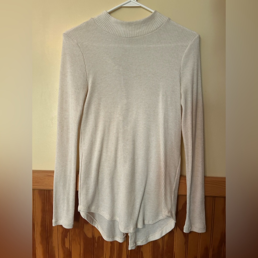 Poof! Cream Ribbed Long Sleeve Top With Open Tie Back